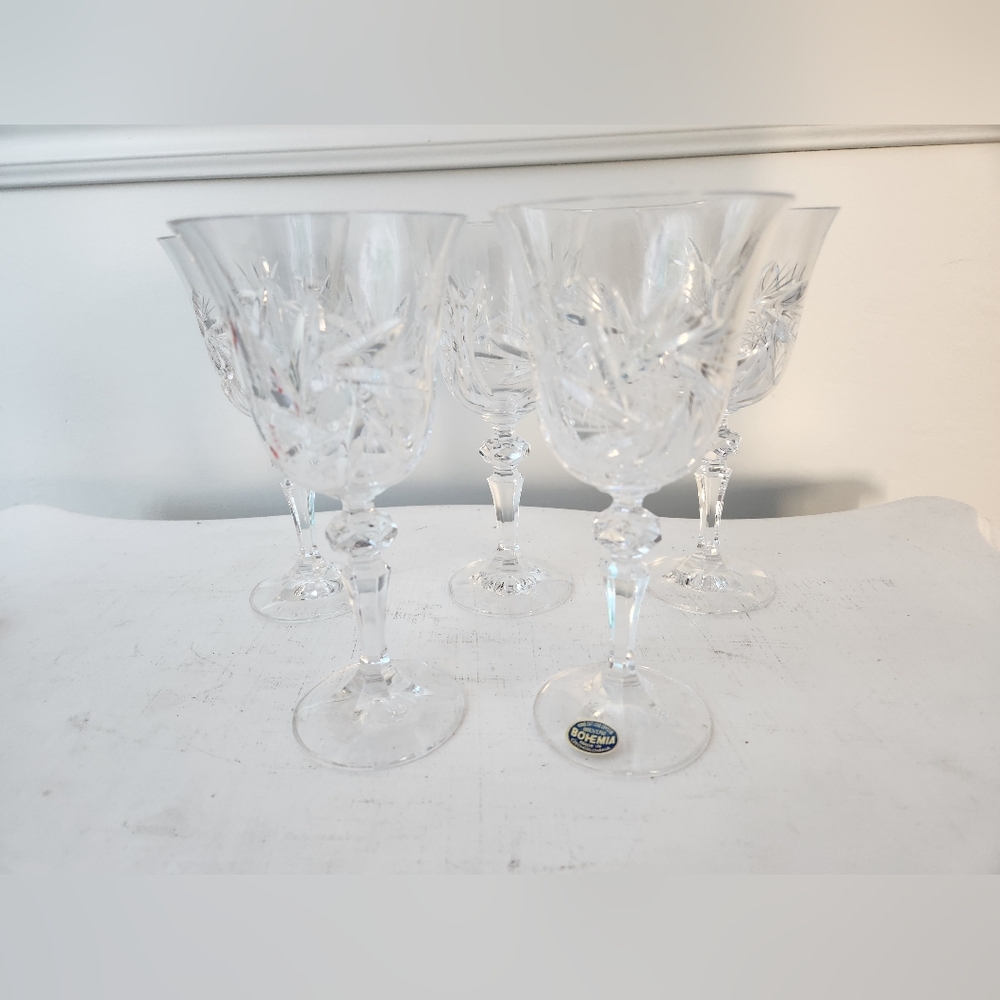 Set Of 5 Bohemia Crystal Stemmed Wine Glasses 7"